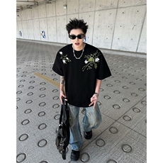 重工街头新中式花卉刺绣廓形短袖T恤男女潮夏装上衣服ST565-P43，男装T恤，星座412-3