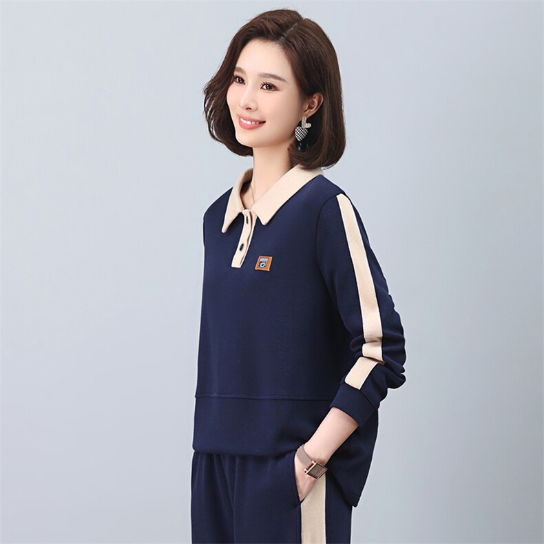撞色拼接卫衣女短款时尚流行百搭小个子中老年翻领长袖上衣女,女装卫衣/绒衫,涵誉