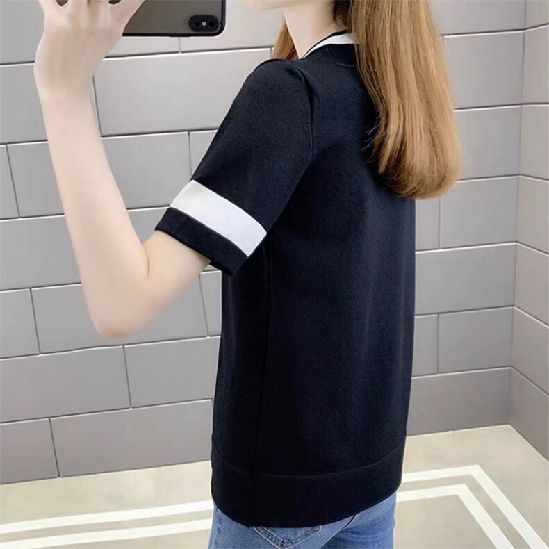 冰丝短袖女夏季2025新款拼色t恤女宽松遮肚上衣时尚洋气黑色体恤,针织衫/毛衣,萱芳婷羊绒