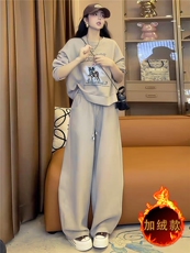 时尚休闲套装女秋冬新款宽松洋气减龄圆领印花卫衣阔腿长裤两件套，女装套装/套裙，江南