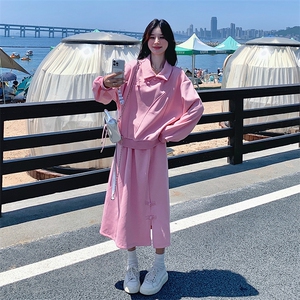粉色休闲减龄套装裙女秋季新款奶甜系盘扣卫衣半身裙小个子两件套图片