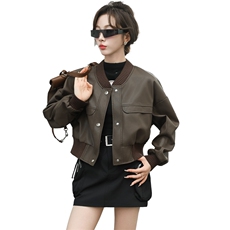 2024新款海宁皮衣女短款棒球服仿真绵羊皮夹克蝙蝠宽松拼接外套，女装皮衣，跑量工厂店