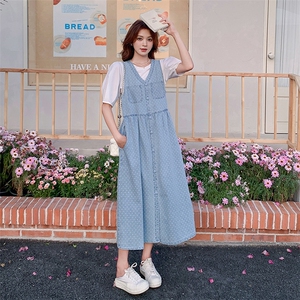 波点牛仔背带连衣裙两件套女2025年夏季新款韩系青春减龄休闲套装图片