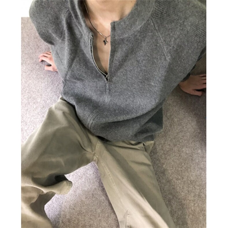 春秋慵懒风简约百搭拉链毛衣长袖宽松休闲情侣针织开衫 M35图片