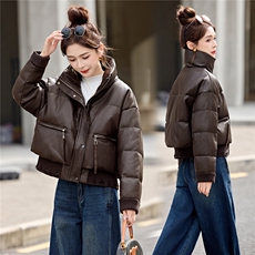 复古机车pu皮衣派克服白鸭绒羽绒服女冬新小个子加厚面包服短外套，女装羽绒服，意芙