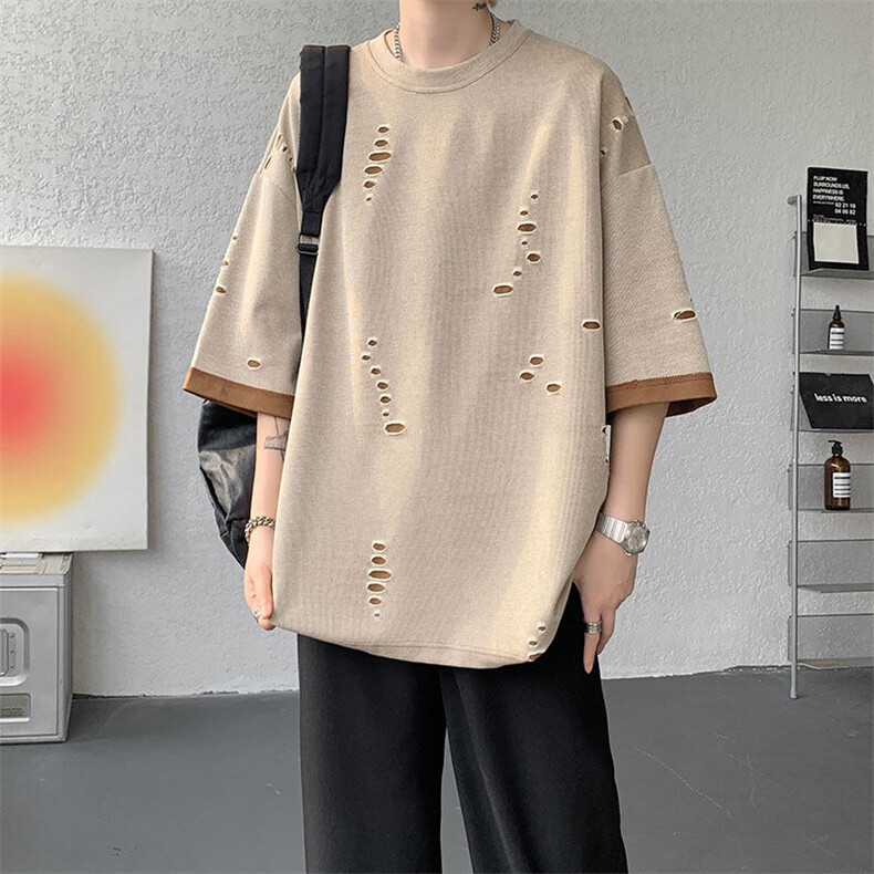 T10137-特批33控68开口笑高品质夏季大码短袖破洞潮流百搭T恤,男装T恤,电商A059