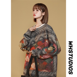 M6130/P75秋冬中性风工艺立体印花针织衫外套毛衣男女大松线衣男图片