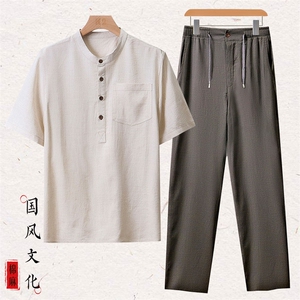 主推款夏季亚麻T恤2024风开衫休闲宽松中年半袖衬衣上衣男装图片