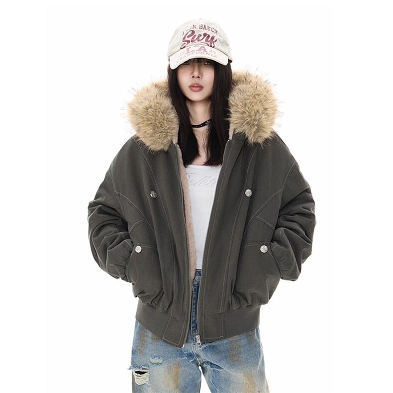 现货重磅boxy短款棉衣座山雕大毛毛领男女棉服水洗工装厚外套,男装棉衣,电商A486-1