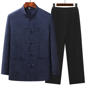 风中老年唐装男春秋长袖套装太极服丝绸爷爷装 TR22010-P105图片