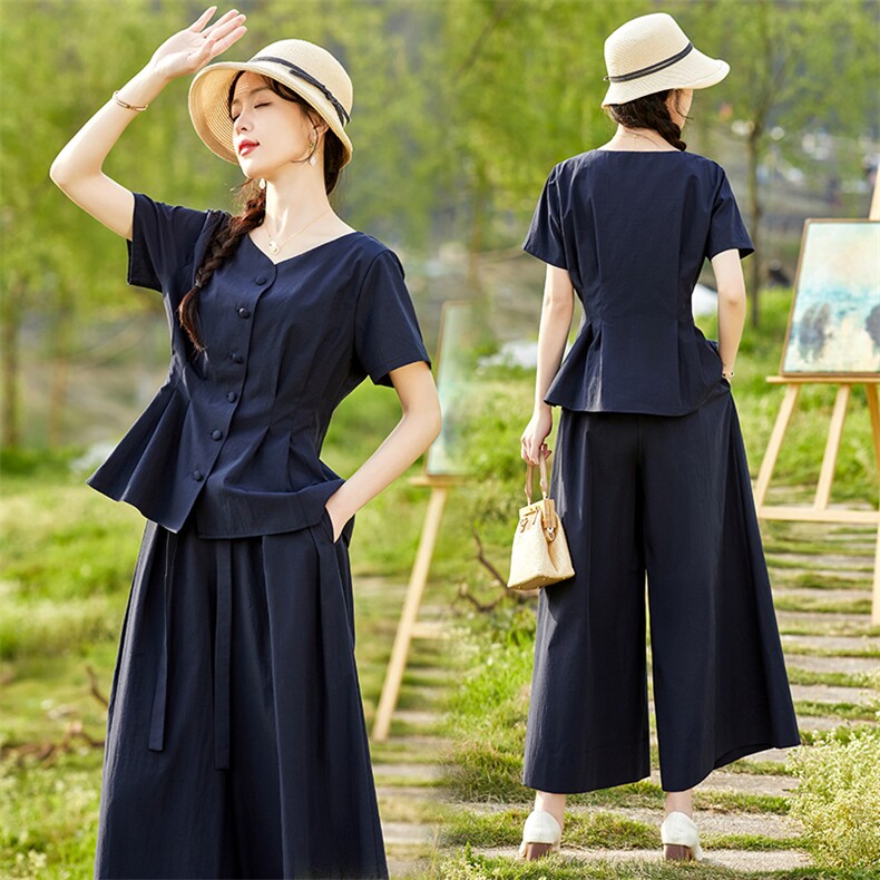 欧货棉麻休闲套装女2026夏装新款时尚洋气收腰显瘦阔腿裙裤两件套，女装套装/套裙，水衣源