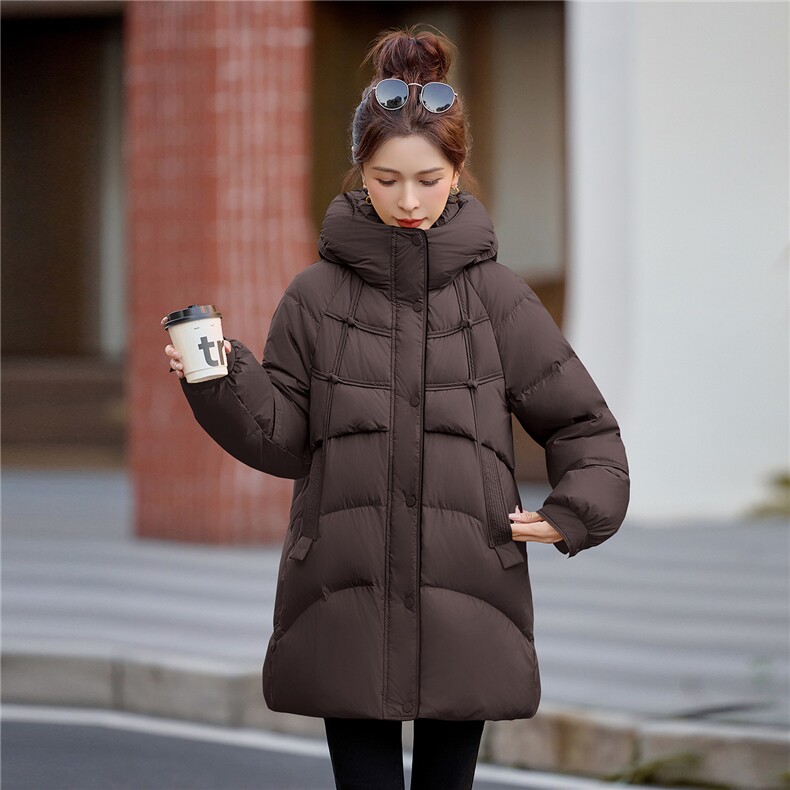 2025新品时尚中长款连帽羽绒服保暖防寒羽绒外套,女装羽绒服,余墨