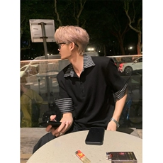 得物抖音高品质二开夏季美式潮牌假两件条纹衬衫翻领高街短袖T恤，男装T恤，电商A486