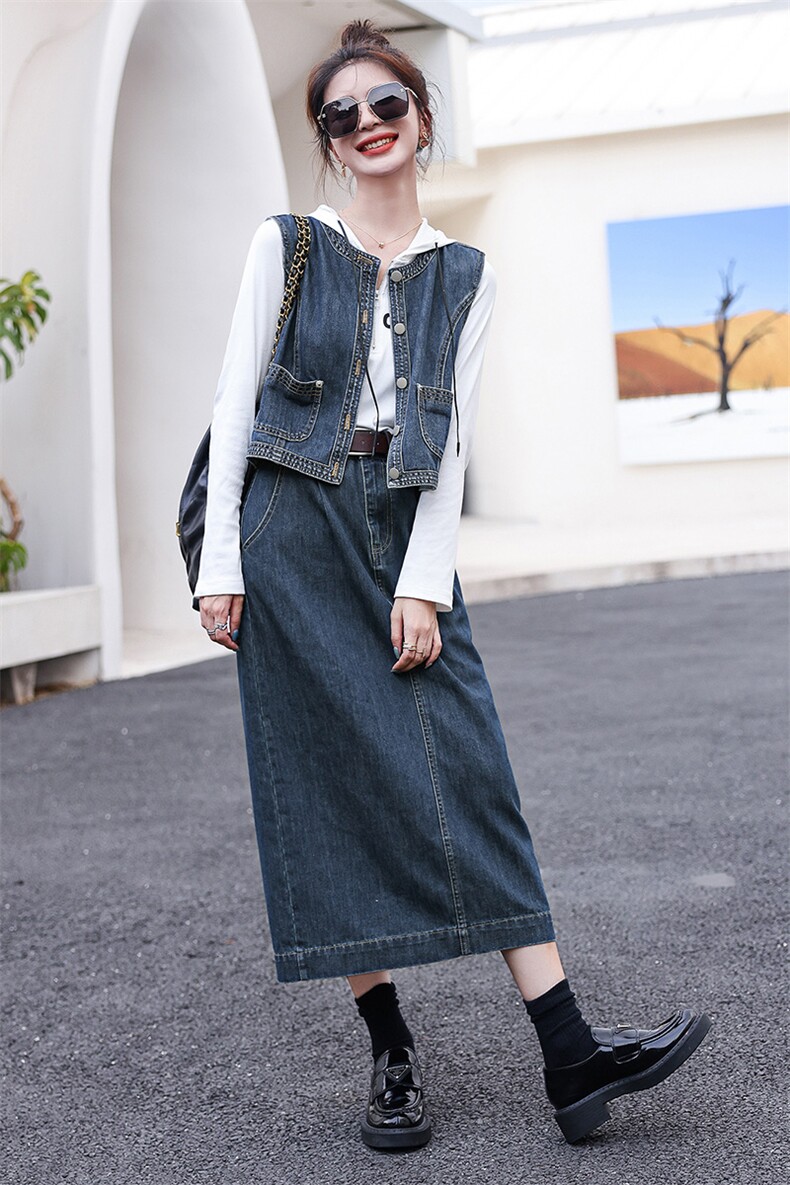 洋气减龄套装裙女2025春装新款牛仔马甲半身裙卫衣三件套时髦穿搭,女装套装/套裙,钱塘布衣