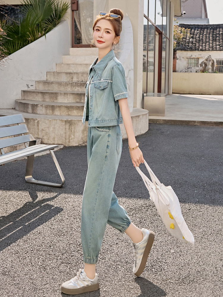 夏季时尚牛仔套装女2025年新款休闲穿搭欧货时髦洋气九分裤两件套,女装套装/套裙,意芙