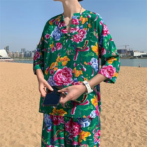 TZ340男士夏季风大花布套装大码宽松凉爽透气民族风个性外套图片