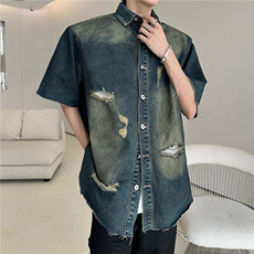 高级时尚小众设计感破洞牛仔短袖衬衫男女夏季痞帅cleanfit上衣潮，男装衬衫，星座601-1