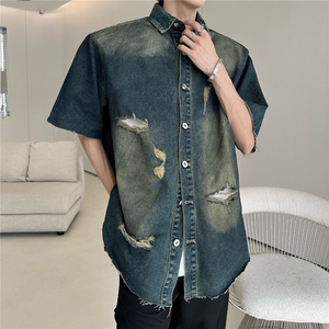 高级时尚小众设计感破洞牛仔短袖衬衫男女夏季痞帅cleanfit上衣潮图片
