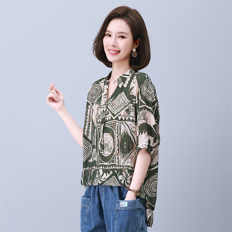 时尚宽松拼接印花镶钻短袖上衣显瘦百搭气质女装衬衫,女装衬衫,叶笙衣