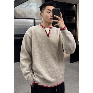 碳黑色美式假两件手缝线v领毛衣男冬季慵懒撞色针织衫 MLR312图片
