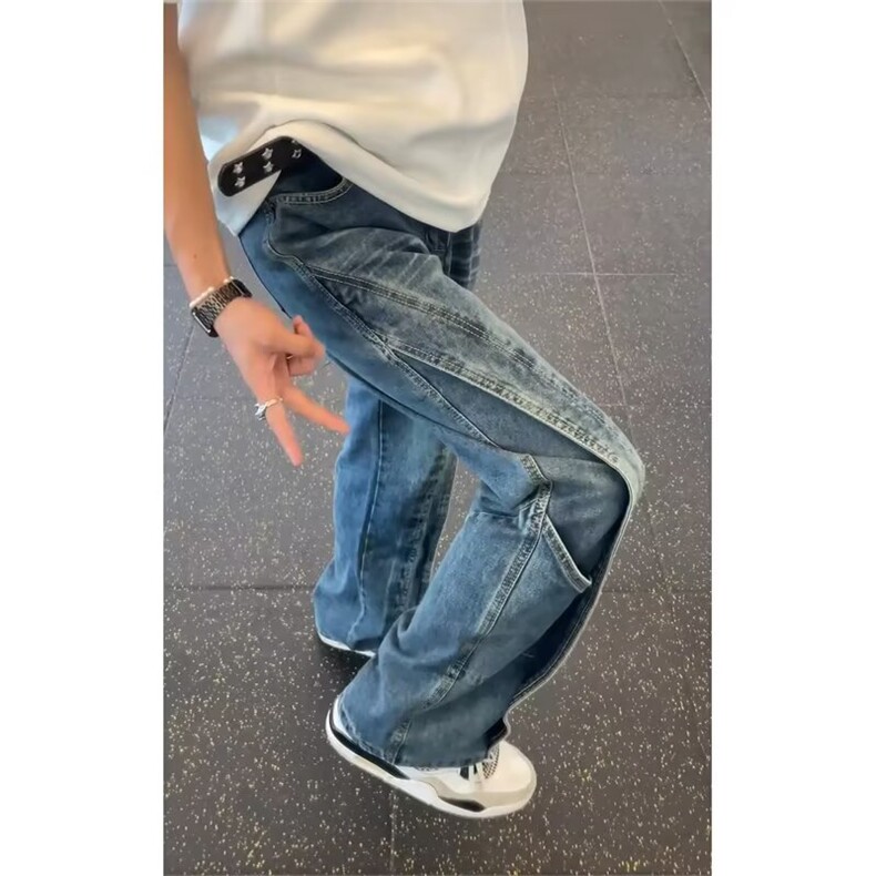 美式闪电纹小众牛仔裤男春秋新款潮牌垂感高级感宽松直筒阔腿裤子,男装牛仔裤,星座516A