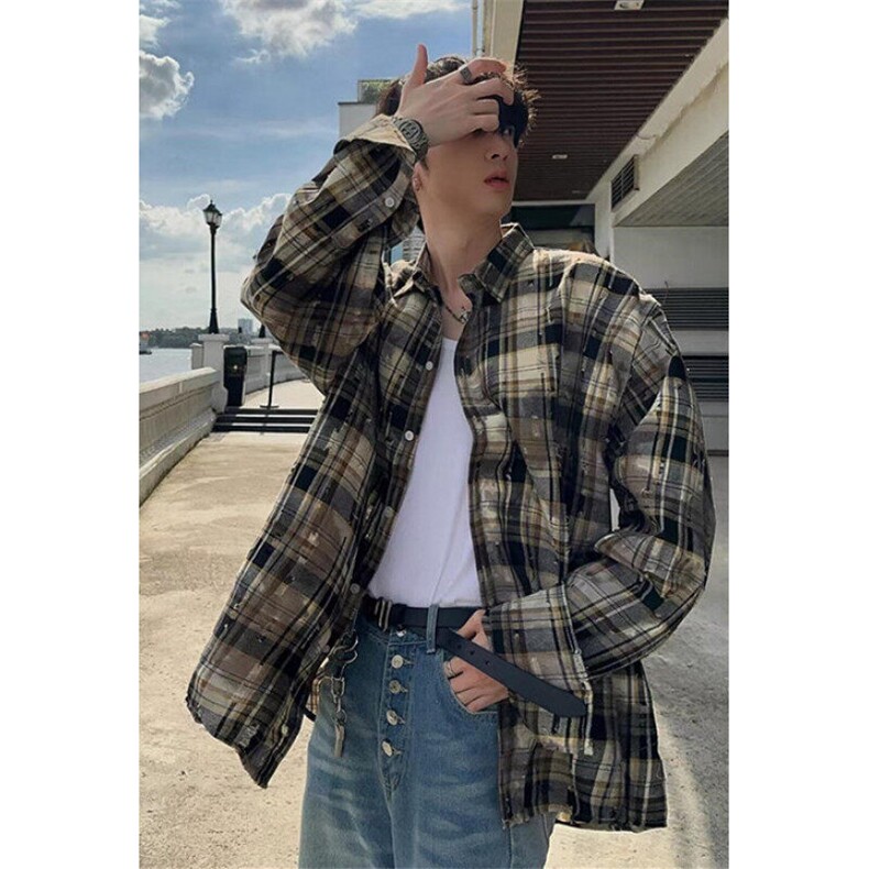 美式复古格子衬衫男长袖春秋款设计感情侣装衬衣外套 C8882图片