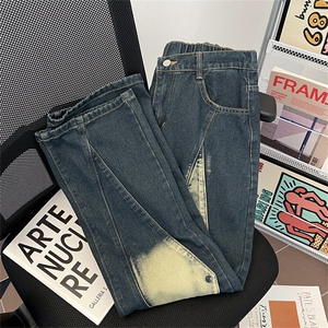 水洗做旧复古拼接显瘦牛仔裤直筒裤FG66 P48图片