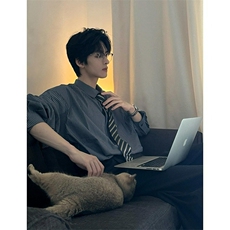 有货DC2260-特批40细条纹衬衫宽松廓形大版小刺绣学院，男装衬衫，星座603-2