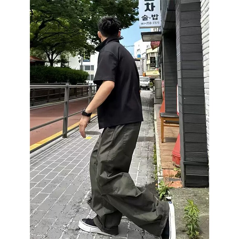 网图慎用 美式纯棉褶皱拼接大码中性弯刀工装裤男K24042特P45控88图片