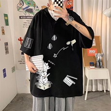 夏季连帽短袖t恤男士潮流大码带帽五分袖体恤港风chic百搭上衣服，男装T恤，星座506A