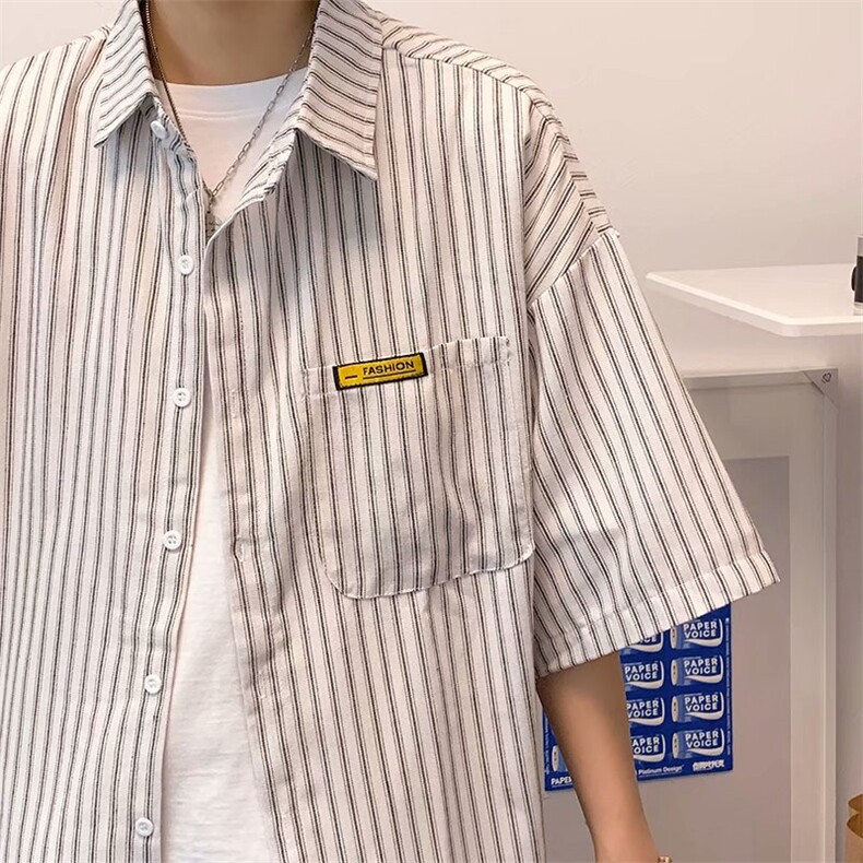 条纹短袖衬衫男韩版潮流百搭ins港风学生上衣日系夏季五分袖衬衣,男装T恤,星座506A
