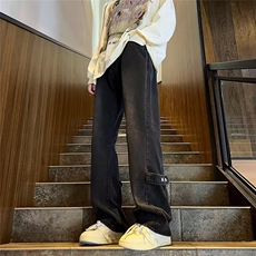 美式高街cleanfit黑色牛仔裤男春季直筒微喇修身显瘦百搭休闲裤子，男装牛仔裤，星座308A-1（原309B-1）