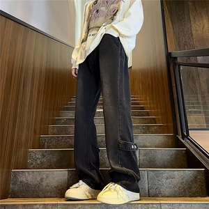 美式高街cleanfit黑色牛仔裤男春季直筒微喇修身显瘦百搭休闲裤子,美女助理穿衣搭配图片