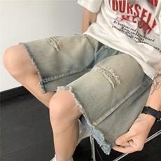 毛边破洞牛仔短裤男夏季潮流美式复古高街ins潮牌痞帅宽松五分裤，男装牛仔裤，星座601-2