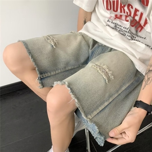 毛边破洞牛仔短裤男夏季潮流美式复古高街ins潮牌痞帅宽松五分裤图片