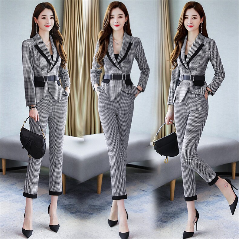 千鸟格西装两件套裤个性减龄时尚百搭简大方气质优雅舒适翻领，女装套装/套裙，卡杰菲