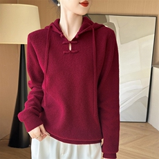 新中式国风帽衫女盘扣抽绳针织毛衣宽松慵懒羊毛衫卫衣，女装羊毛衫，北娇羊绒