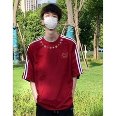 抖音得物高品质二开240克宽松纯棉美式潮牌三条杠织带短袖T恤，男装T恤，电商A486-1