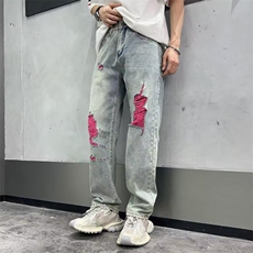 网络图牛仔裤闪电破洞潮流牛仔裤夏季男宽松休闲百搭，男装牛仔裤，星座410-7