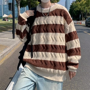 秋冬宽松慵懒风条纹针织衫潮牌圆领毛衣打底毛线衣男 M891-P39图片