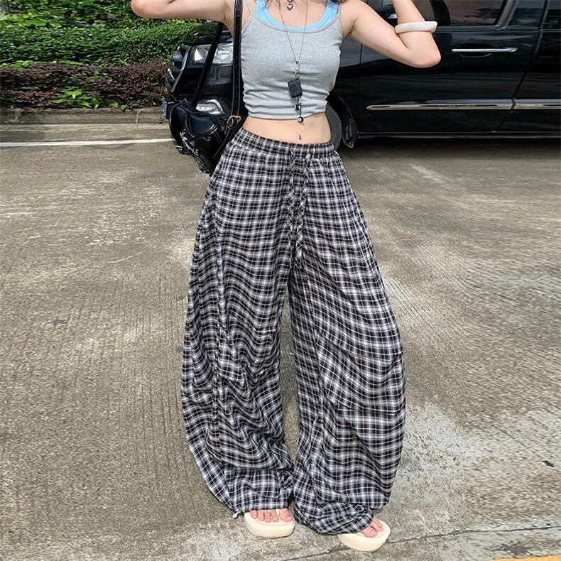 美式复古黑色弯刀格子裤女春夏宽松慵懒风垂坠感阔腿休闲裤，男装休闲裤，星座506A