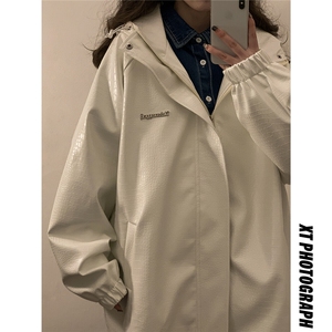 中性连帽鳄鱼纹PU皮衣大码情侣休闲冲锋衣夹克男JK8744P90控128图片