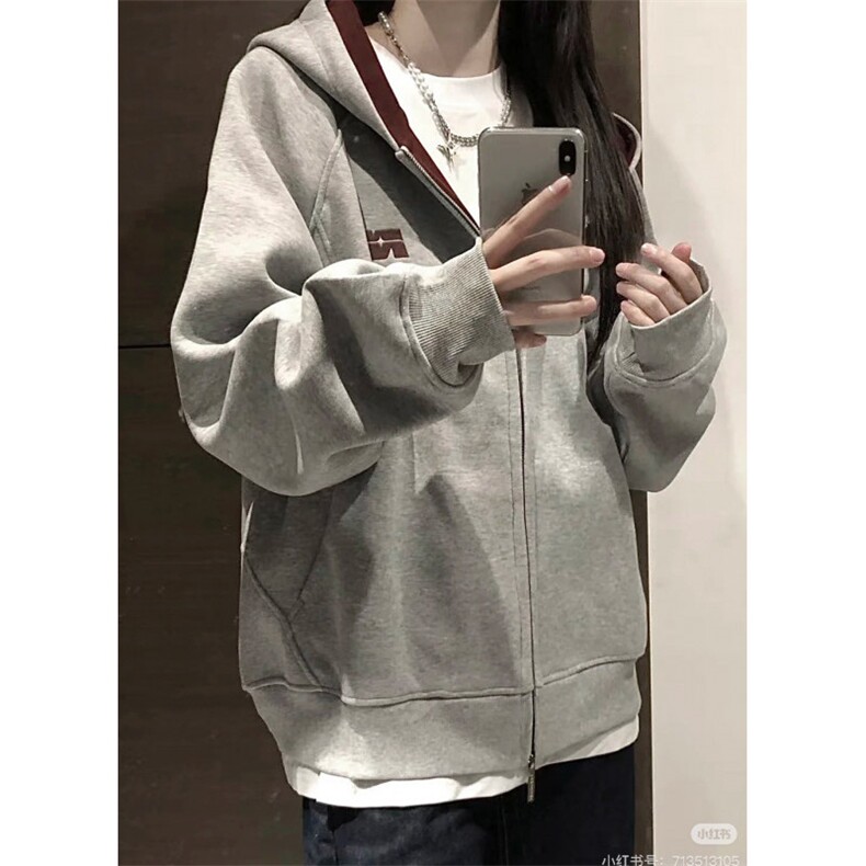 网图短款撞色刺绣双拉链开衫卫衣男女潮牌情侣连帽休闲外套P60,女装短外套,电商C306-1