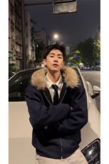 加绒卫衣连帽大毛领港风双拉链开衫外套男女款5D4098-TP75118，女装短外套，电商A102