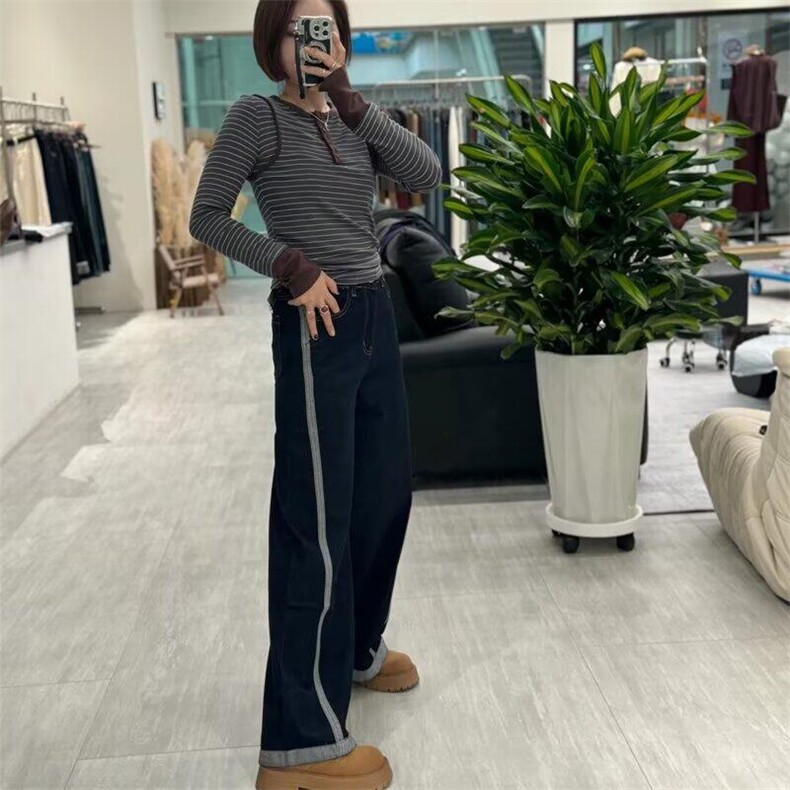2025春款拼接阔腿牛仔裤女高腰显瘦宽松垂感拖地直筒裤子，女装休闲裤，星座506A