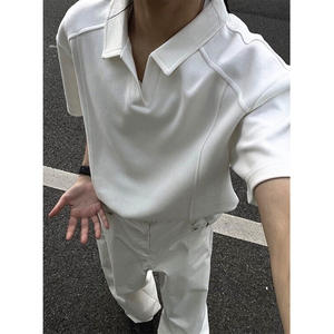 v领短袖polo衫男夏季重磅美式显肩宽廓形t恤boxy正肩半截袖 TZ107图片