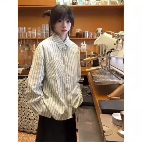 591-P43秋季新款竖条纹衬衫男女日系复古痞帅高级感宽松休闲,男装衬衫,电商B323A