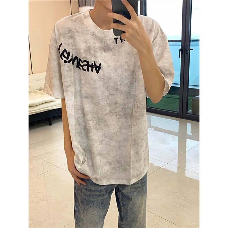抖音得物供货240克美式复古扎染满天星亮片中性风短袖T恤AT2701,男装T恤,电商A443