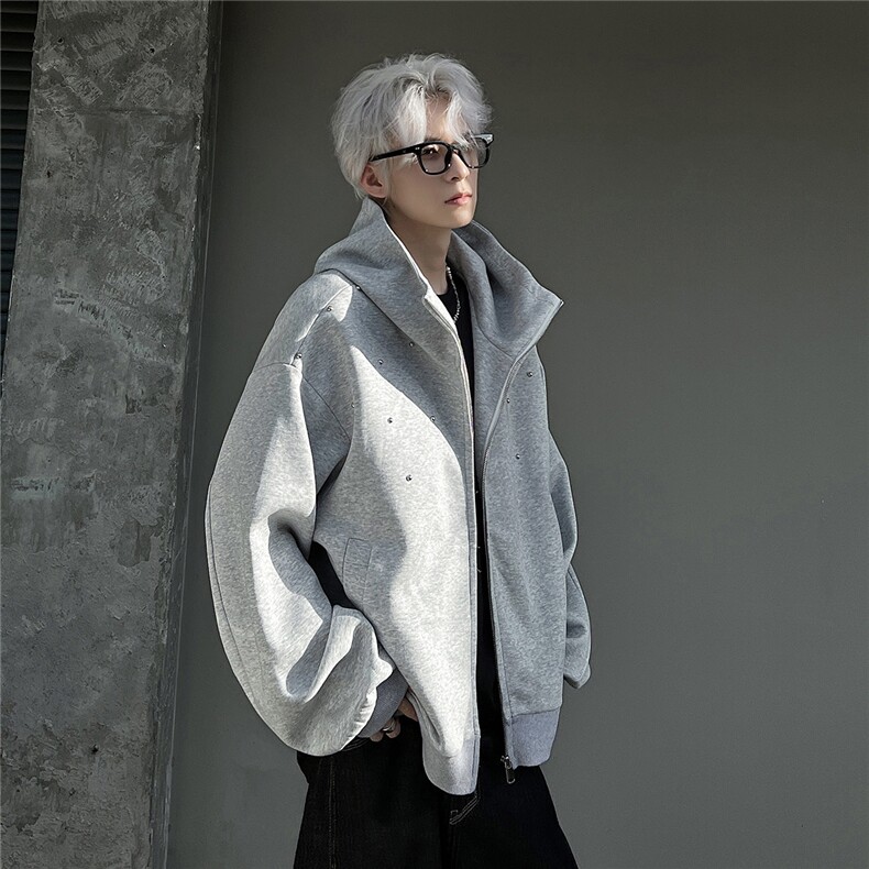 小众设计金属点缀连帽开衫卫衣宽松复古纯色夹克JK605-P78图片
