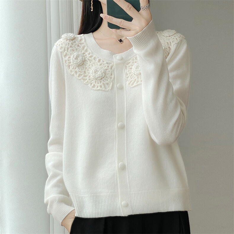 25重工钩花圆领100羊毛开衫女包扣手工绣花宽松长袖羊绒针织外套，女装针织衫/毛衣，江南羊绒